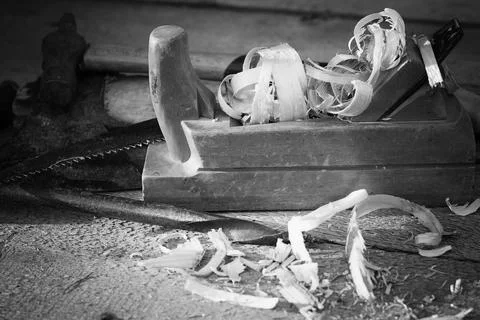 Planer carpentry tool sawdust Stock Photos