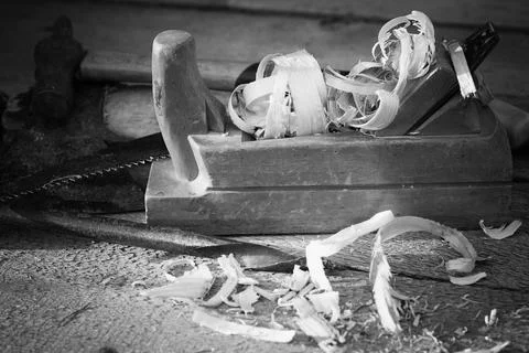 Planer carpentry tool sawdust Stock Photos