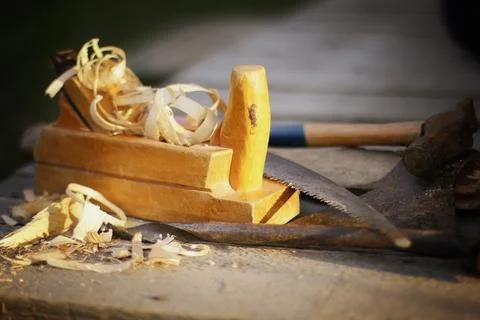 Planer carpentry tool sawdust Stock Photos