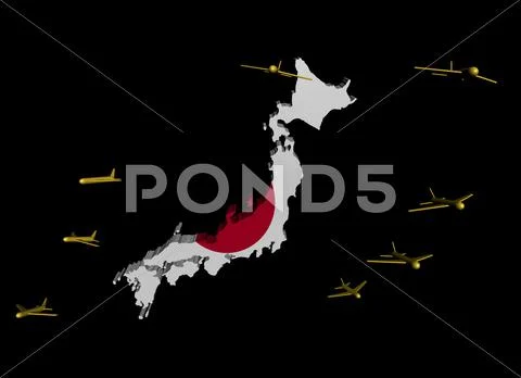 Planes departing japan map flag illustration Stock Illustration