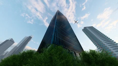 Planes fly over the rooftops of high-rise buildings in the city Stock Footage 288088776