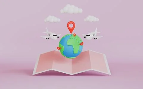 Planes flying above the globe with location pin, Planning for long vacation 스톡 일러스트