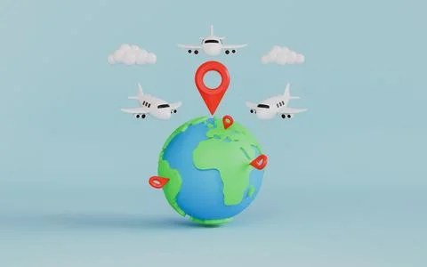 Planes flying above the globe with location pin, Planning for long vacation 스톡 일러스트