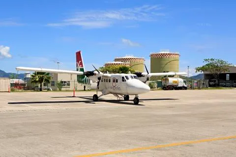 Planes local airlines at Seychelles International Airport on Mahe Island Stock Photos