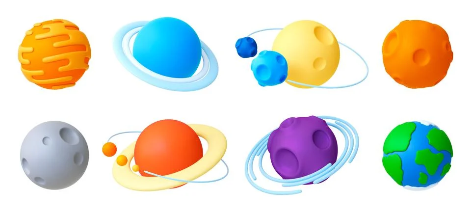 Planet 3d elements. Space abstract planets realistic plastic design. Moon and Ilustração Stock