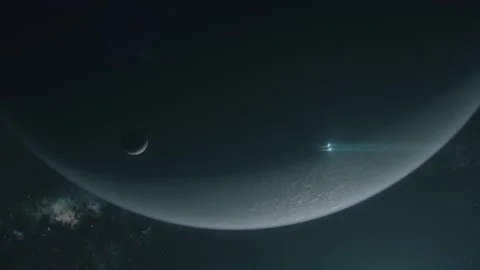 Planet and its moon with a small spacecraft flying by Stock-Footage 240433310