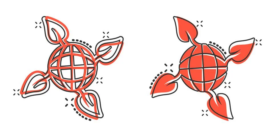 Planet and leaf icon in comic style. World and eco cartoon vector illustratio Stock Illustration