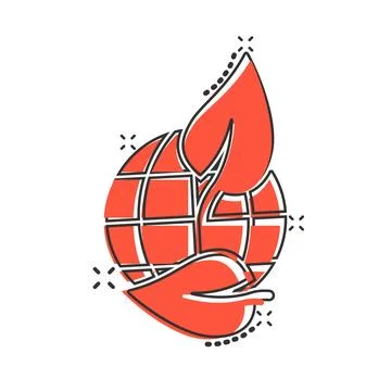 Planet and leaf icon in comic style. World and eco cartoon vector illustrat.. Stock Illustration