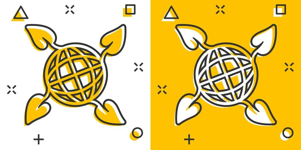 Planet and leaf icon in comic style. World and eco cartoon vector illustrat.. Stock Illustration