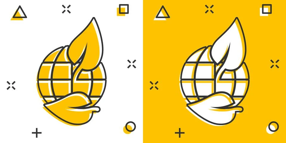 Planet and leaf icon in comic style. World and eco cartoon vector illustrat.. Stock Illustration