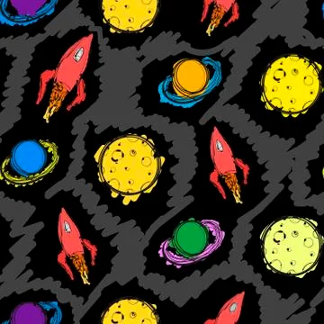 Planet and rocket hand drawn colored seamless pattern Stock Illustration