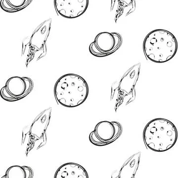 Planet and rocket ink imitation seamless pattern Stock Illustration