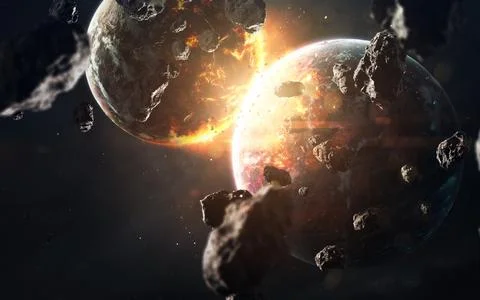 Planet cataclysm. Science fiction space visualisation. Cosmic explosion Stock Illustration
