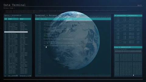 Planet centered behind Data UI, selecting file running commands, printing logs, Stock Footage 328657070