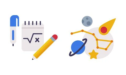 Planet with Constellation and Notepad with Pen as School Education Object Vector イラスト素材