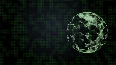 Planet covered in green network over hi-tech background of squares connecion. Stockillustratie