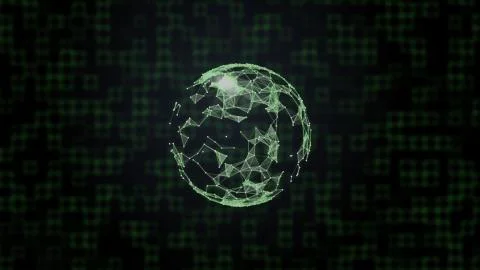 Planet covered in green network over hi-tech background of squares connecion. Stockillustratie