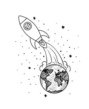 Planet draws of solar system and rocket design Stock Illustration