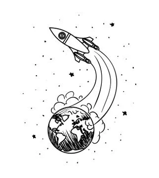 Planet draws of solar system and rocket design イラスト素材
