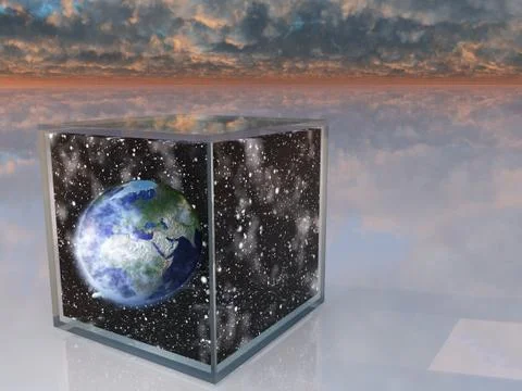 Planet eart and space inside box in surreal scene Stock Illustration