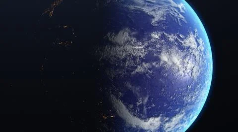 Planet Earth 3d render, half night and half day with city lights Illustrazione stock