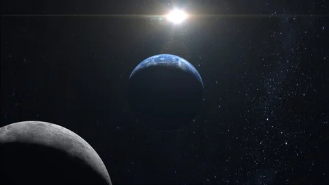 Planet earth and moon. View from space. The moon moves to the right. Stars Video stock 119539210