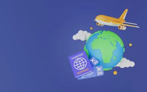 Planet Earth and plane flying in sky, Airplane travel, Passport with airline Stock Illustration