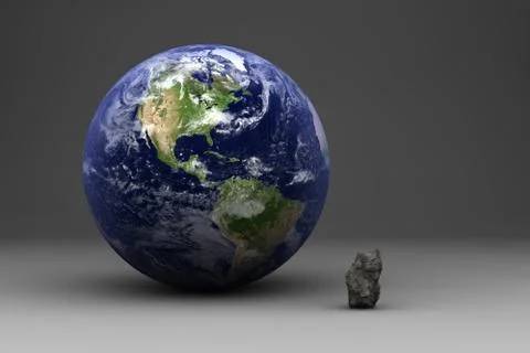 Planet Earth &amp; a Asteroid in  size comparison Stock Illustration