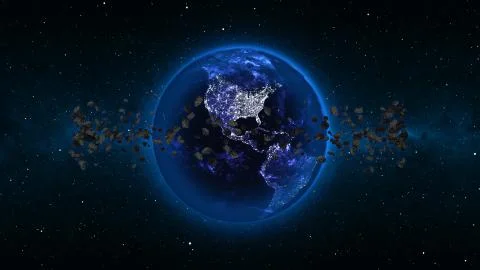 Planet Earth with asteroid in space, Globe in a nebula cloud with meteors Stock Illustration