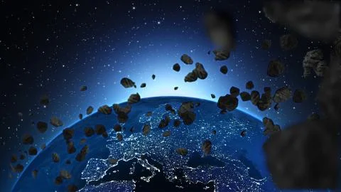 Planet Earth with asteroid in space, Globe in a nebula cloud with meteors Stock Illustration