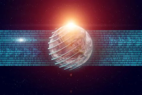 Planet earth, binary code, sunrise in universe. Stock Photos