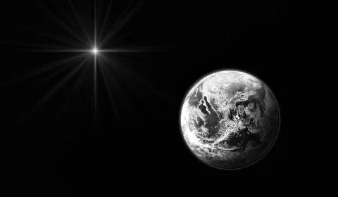 Planet Earth on black background with bright star. Black and white. Stock Illustration