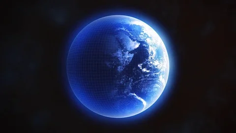 Planet Earth Blue Wireframe Scan Rotating 360 degrees 4K Video stock 75432121