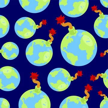 Planet earth bomb Pattern seamless . Earth explosive Background. Vector textu Stock Illustration