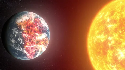 Planet earth close to the sun burning, Global warming Stock Footage 275275841