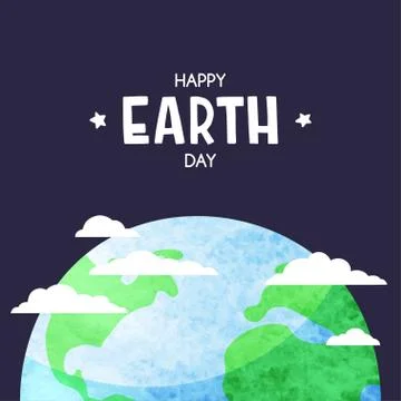 Planet Earth with clouds in the dark sky. Happy Earth day background. Vector  Stock Illustration