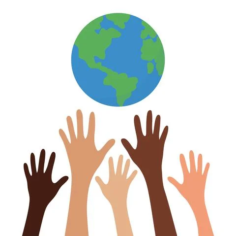 Planet Earth. Colored hands. Earth Day concept. Protection help community. Ve Stock Illustration