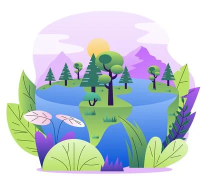 Planet earth concept. Half of globe with forest and lakes. Trees on green lawn Stock Illustration