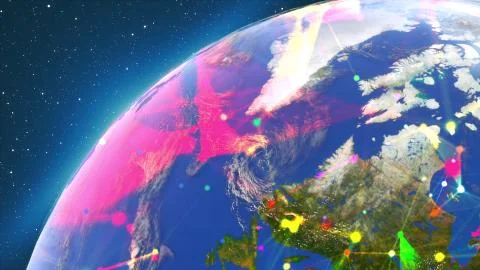 Planet Earth covered grid with thin lines and connection dots. Computer 스톡 일러스트