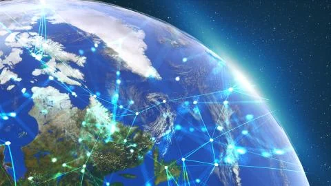 Planet Earth covered grid with thin lines and connection dots. Computer 스톡 일러스트
