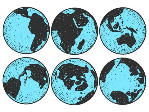 Planet Earth from different angles color. Globe sketch scratch board imitation. Stock Illustration