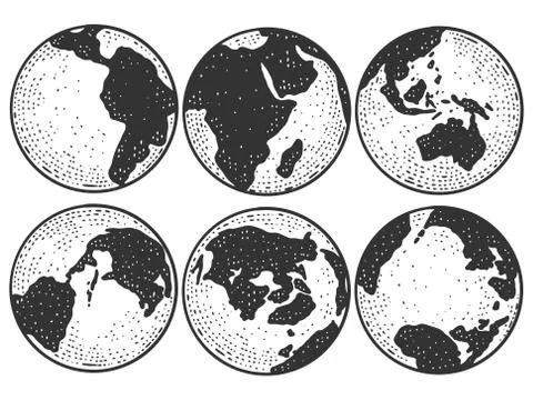 Planet Earth from different angles. Globe sketch scratch board imitation. Stock Illustration