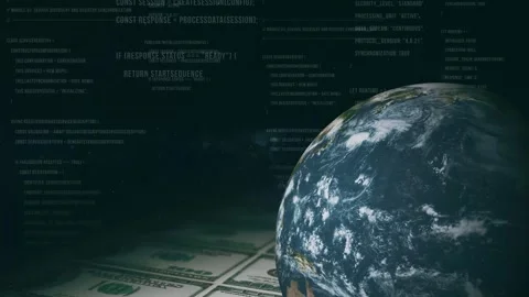 Planet Earth, digital code, dollars, starry sky background. 库存影片 348197775