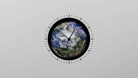 Planet Earth displayed as clock face with analog hands surrounding time markers Video stock 335030512
