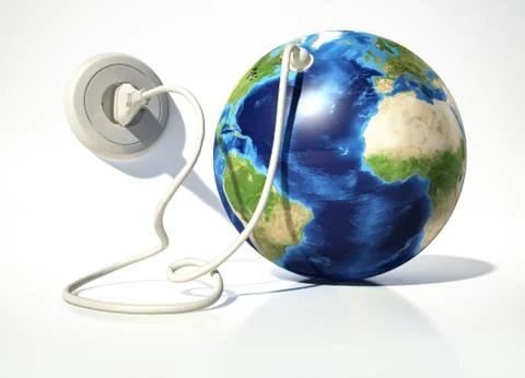 Planet Earth with electric cable, plug and socket. Source maps offered by Nas Stock Illustration