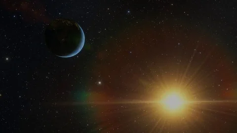 Planet Earth in Empty Space with Sun and Stars Stock Footage 84957040