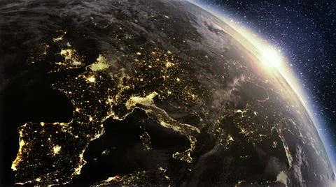 Planet earth Europe zone with night time and sunrise Stock Footage