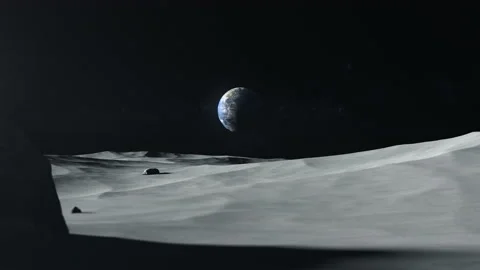 Planet earth floats in space seen from the surface of the moon Stock Footage