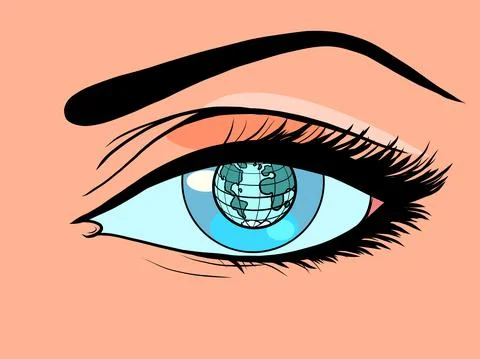 Planet earth globe map instead of a pupil in a womans eye Stock Illustration