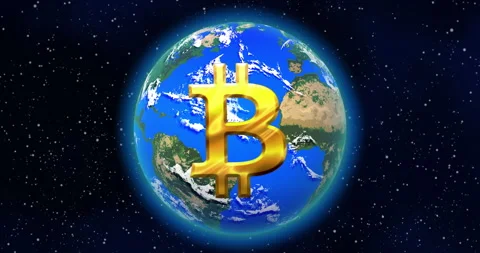 Planet earth globe spinning in the open space Bitcoin sign. Crypto investments Stock Footage 246426407
